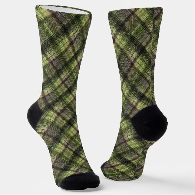 Plaid Scottish tartan green black classic Socks (Angled)