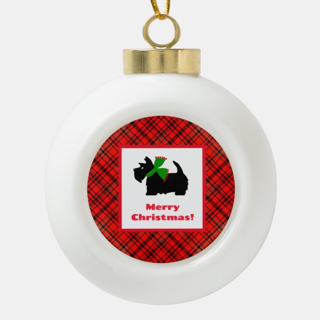Plaid Scotty Dog Personalized  Ceramic Ball Christmas Ornament (Front)