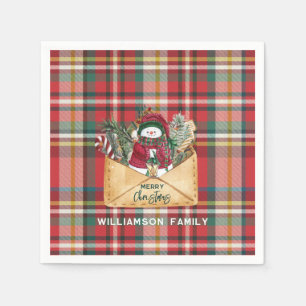 Plaid Script Christmas Custom Family Rustic Paper Napkin