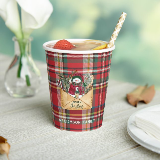 Plaid Script Christmas Custom Family Rustic Paper Paper Cups (Insitu)