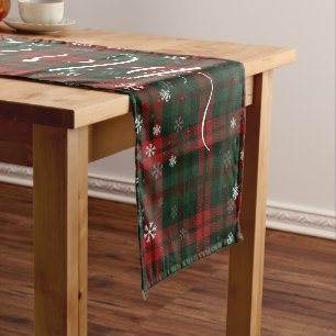 Plaid Script Merry Christmas Snowflakes Rustic Short Table Runner