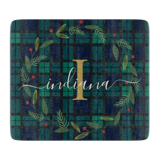 Plaid Script Monogram Botanical Wreath Tartan Cutting Board (Front)