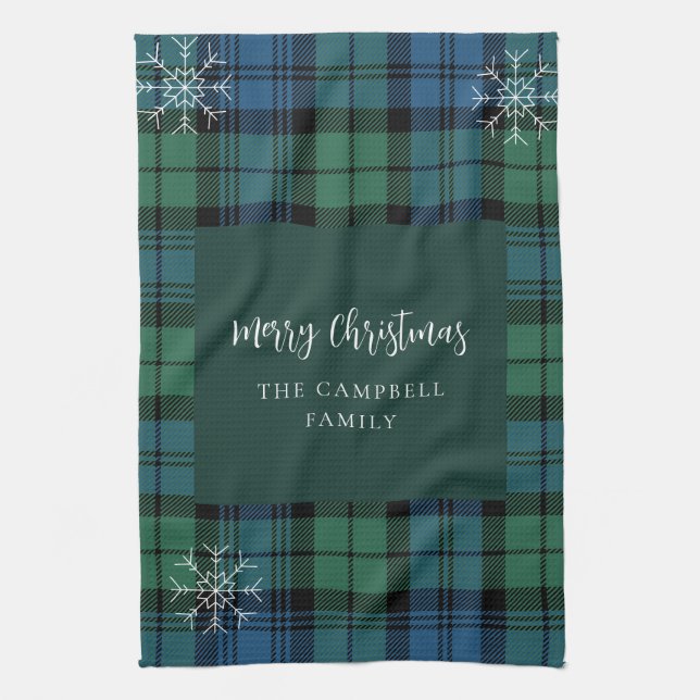 Plaid Script Snowflakes Rustic Campbell Tartan Kitchen Towel (Vertical)