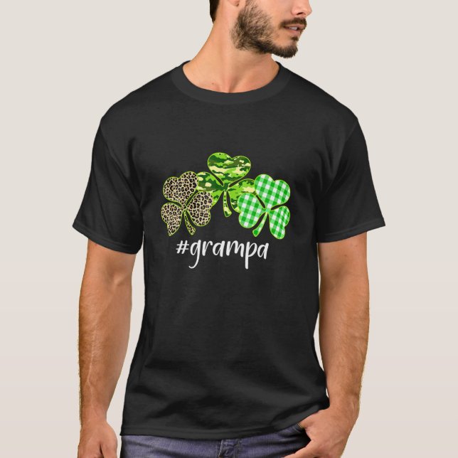 Plaid Shamrock Grampa Leopard Camouflage Patrick's T-Shirt (Front)