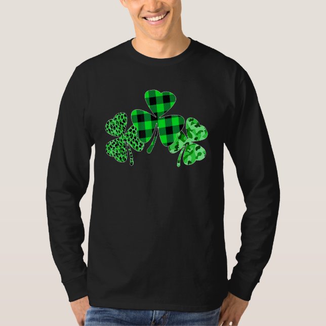 Plaid Shamrock Leopard Camouflage Funny St Patrick T-Shirt (Front)