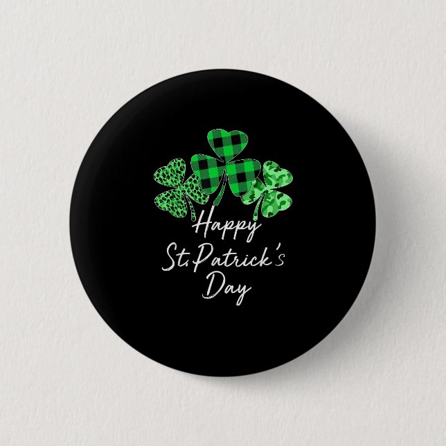 Plaid Shamrock Leopard Camouflage Happy St Patrick 2 Inch Round Button (Front)