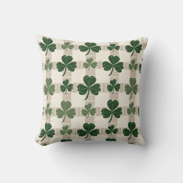 Plaid Shamrock St. Patrick’s Day Throw Pillow (Front)