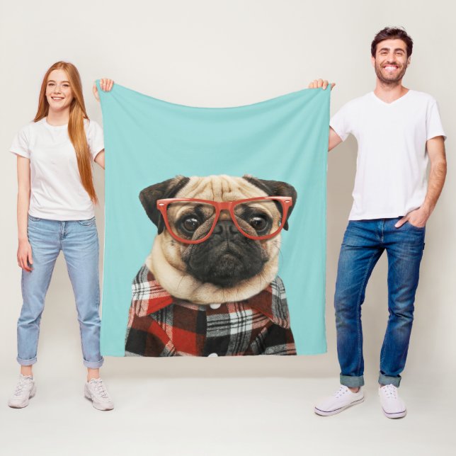 Plaid Shirt Pug Fleece Blanket (In Situ)