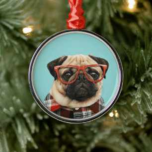 Plaid Shirt Pug Metal Ornament