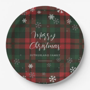 Plaid Snowflakes Pattern Christmas Holiday Party Paper Plate