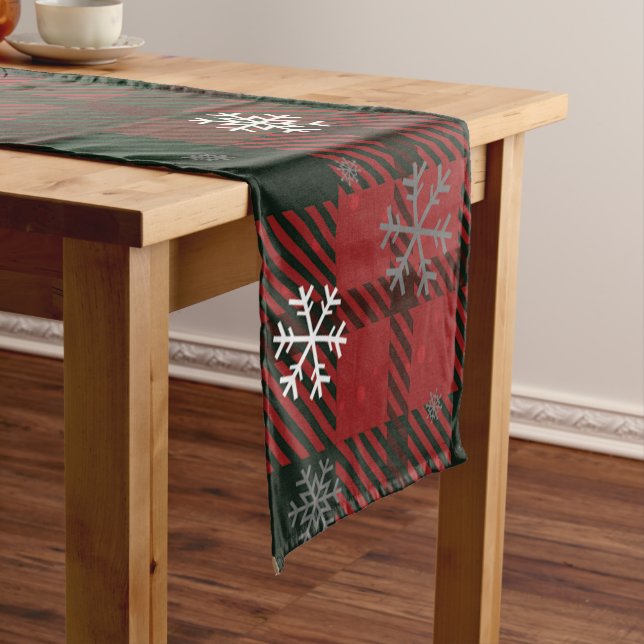 Plaid Snowflakes Pattern Christmas Holidays Short Table Runner (In Situ)