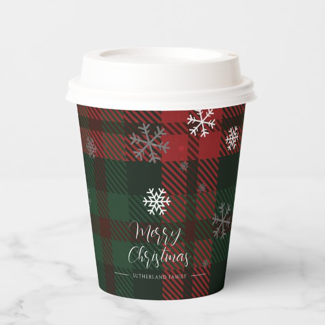 Plaid Snowflakes Pattern Personalized Winter Paper Cups (Front)