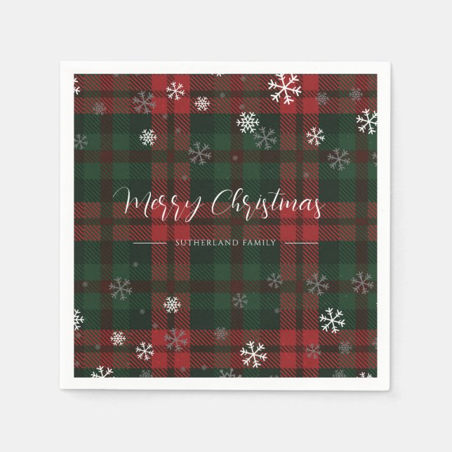 Plaid Snowflakes Pattern Personalized Winter Paper Napkin (Front)