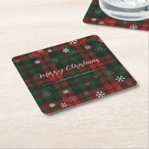 Plaid Snowflakes Pattern Personalized Winter Square Paper Coaster
