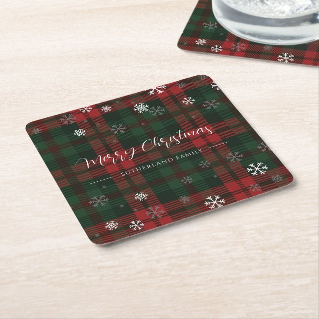 Plaid Snowflakes Pattern Personalized Winter Square Paper Coaster (Angled)