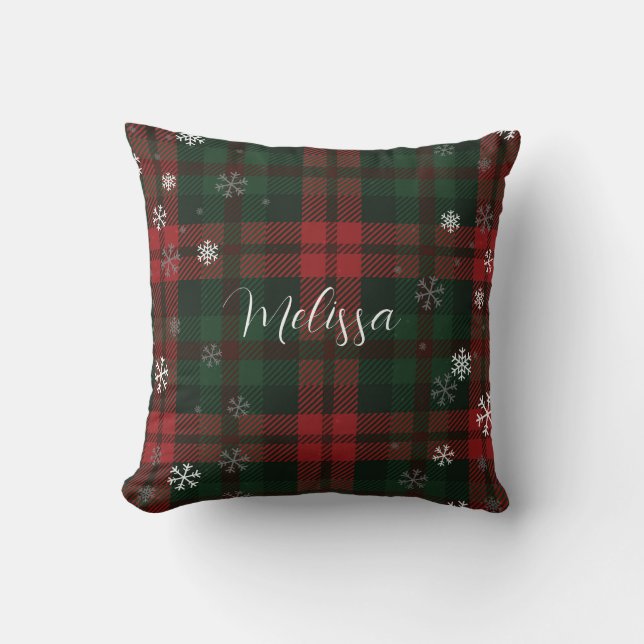 Plaid Snowflakes Pattern Personalized Winter Throw Pillow (Front)