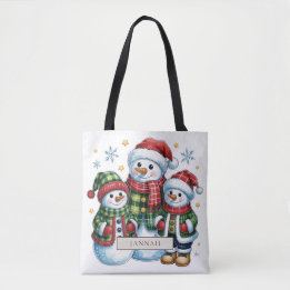 Plaid Snowman Family Christmas Name Tote Bag