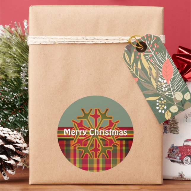 Plaid & Stripes Snowflake Sticker  Red Green Tan (Holiday)
