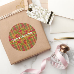 Plaid & Stripes Snowflake Sticker  Red Green Tan