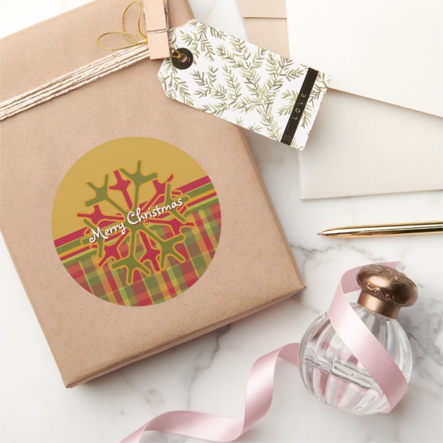 Plaid & Stripes Snowflake Sticker  Red Green Tan (Gifting)