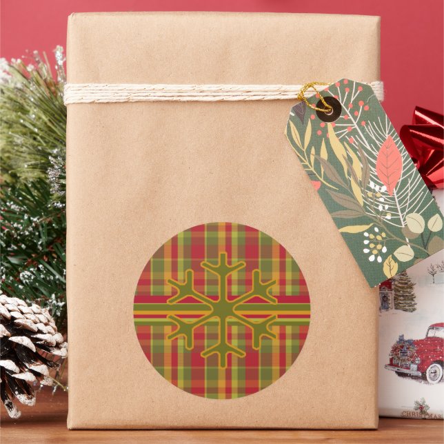 Plaid & Stripes Snowflake Sticker  Red Green Tan (Holiday)