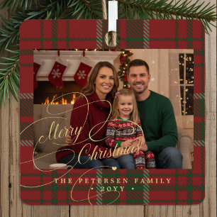 Plaid tartan classic family photo Merry Christmas Metal Ornament