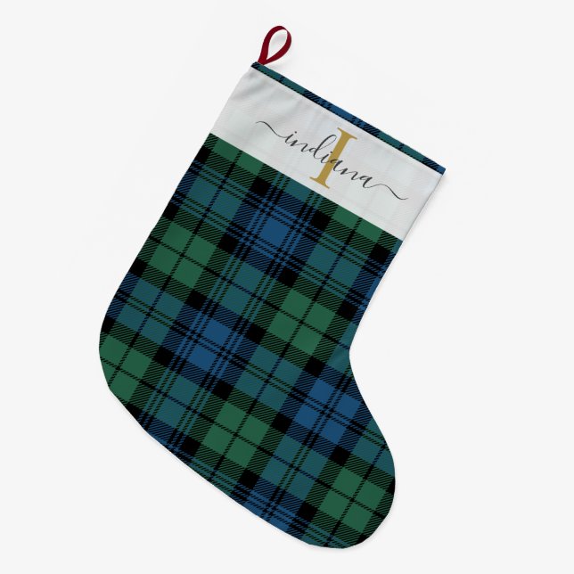 Plaid Tartan Green Campbell Christmas Holidays Large Christmas Stocking (Front (Hanging))