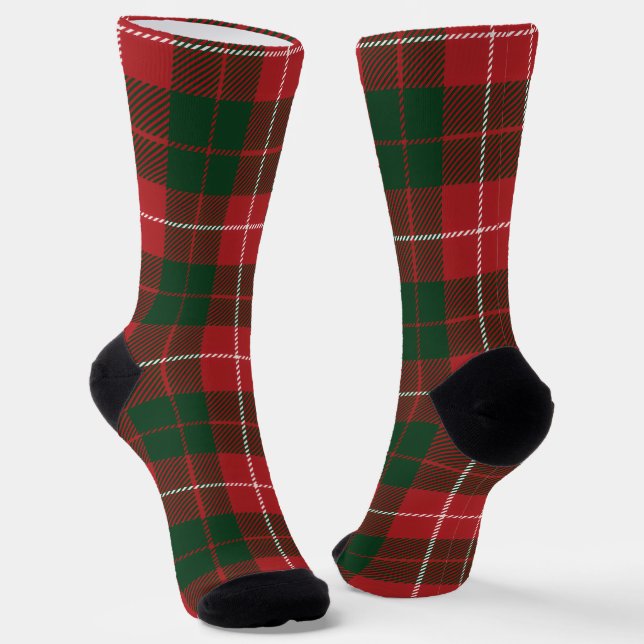 Plaid Tartan Green Red Check Rustic Socks (Angled)