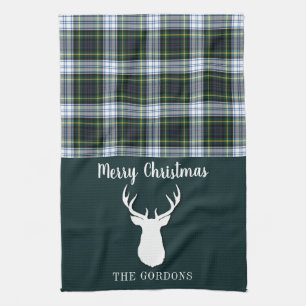Plaid Tartan Green White Antlers Christmas Family Kitchen Towel