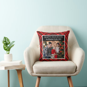 Plaid Tartan Photo Merry Christmas Throw Pillow