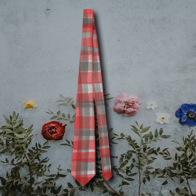 Plaid tartan red grey taupe abstract check  tie (Creator Uploaded)