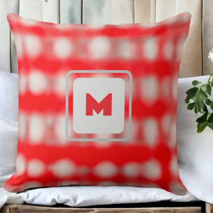 Plaid tartan red white grey monogram Christmas  Throw Pillow