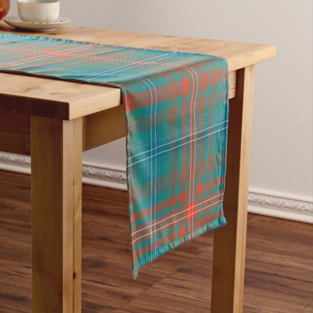 Plaid Tartan Turquoise Orange Family Short Table Runner (In Situ)