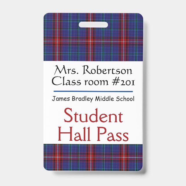 Plaid Teachers Bathroom / Hall Pass Badge (Front)