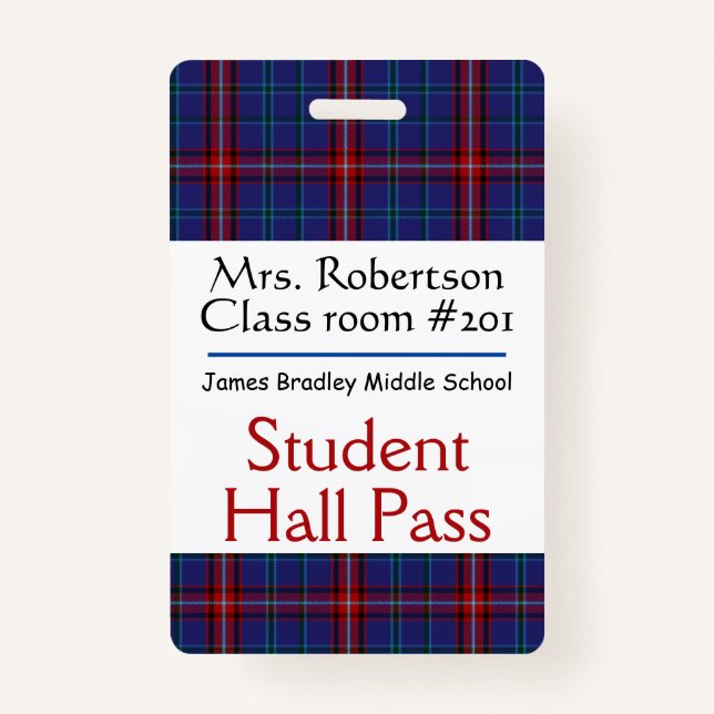 Plaid Teachers Bathroom / Hall Pass Badge (Front)