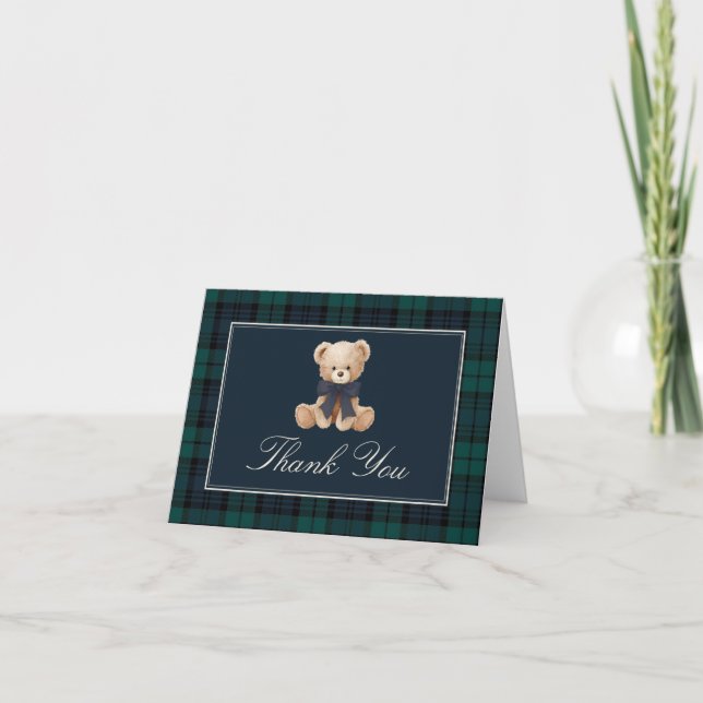 Plaid Teddy Bear Baby Shower Thank You Card (Front)