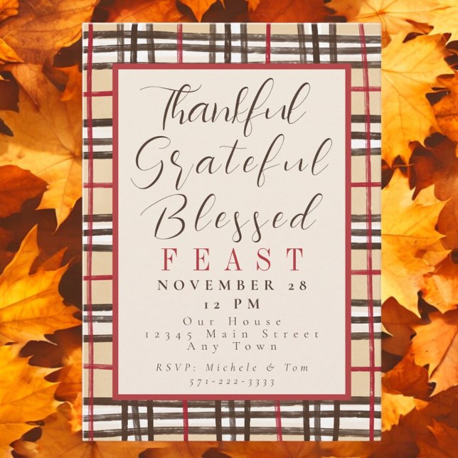 Plaid Thankful Greatful Blessed Thanksgiving Feast Invitation (Creator Uploaded)