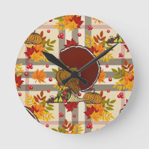 plaid thanksgiving turkey round clock