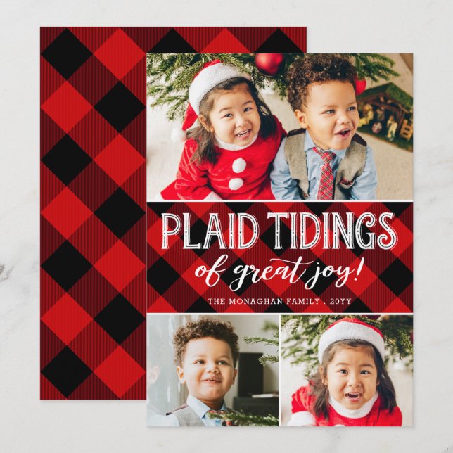 Plaid Tidings | 3 Photo | Red Collage Christmas Holiday Card (Front/Back)