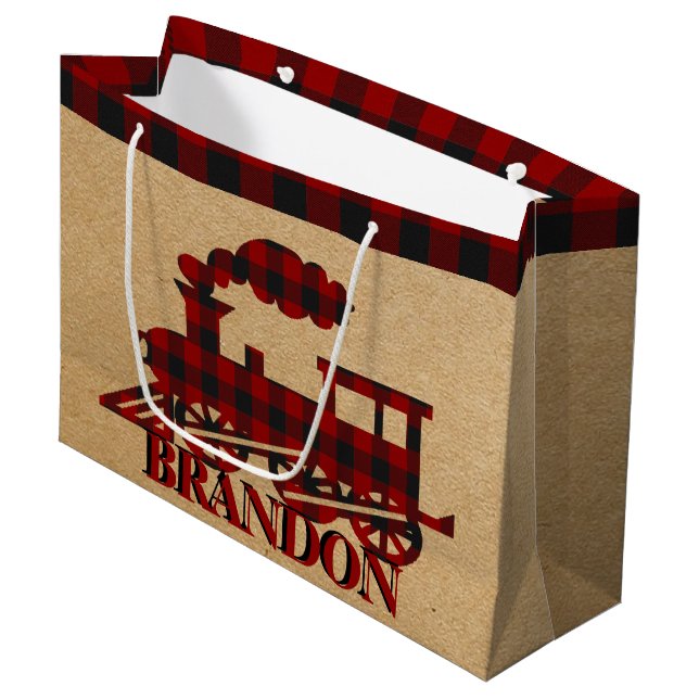 Plaid train personalized  large gift bag (Front Angled)