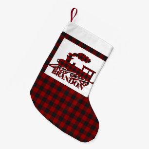 Plaid train personalized small christmas stocking