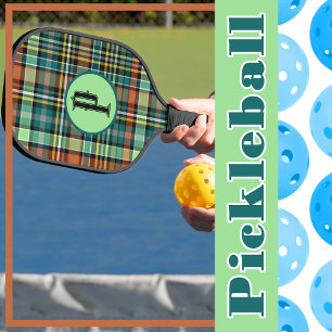 Plaid Turquoise Grey Orange MInt Green Personalize Pickleball Paddle