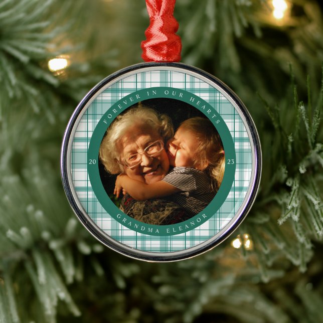 Plaid Turquoise Memorial Photo Metal Ornament (Tree)