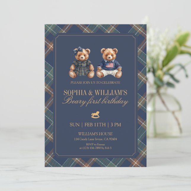 Plaid Twins Teddy Navy Tartan Bear 1st Birthday Invitation (Standing Front)