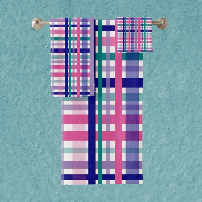 Plaid violet rose marine bleu Turquoise (A plaid towel set done in pink, navy blue, purple and teal on a white background.)