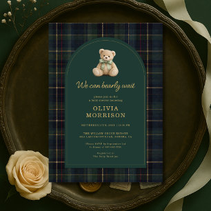 Plaid We Can Bearly Wait Green Blue Baby Shower Invitation