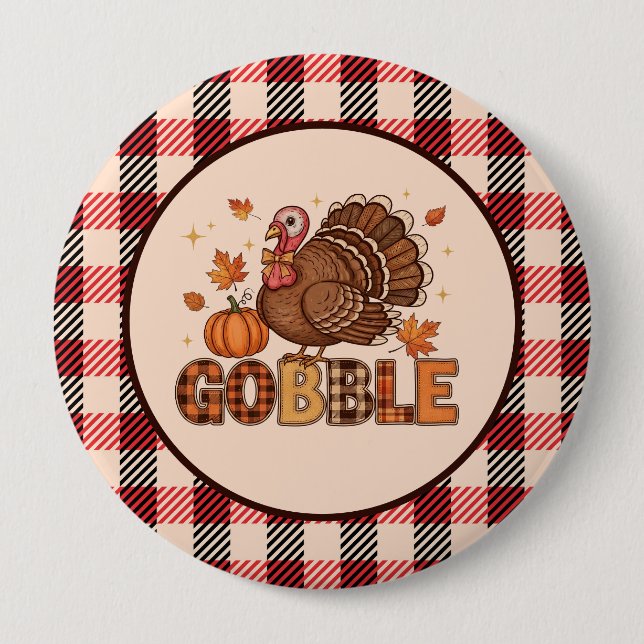 Plaid & Whimsy – Festive Thanksgiving Turkey 4 Inch Round Button (Front)