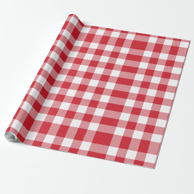 Plaid White Red Gingham Check Rustic Holiday Wrapping Paper (Unrolled)