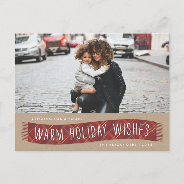 Plaid Winter Scarf Holiday Postcard - Brick (Front)