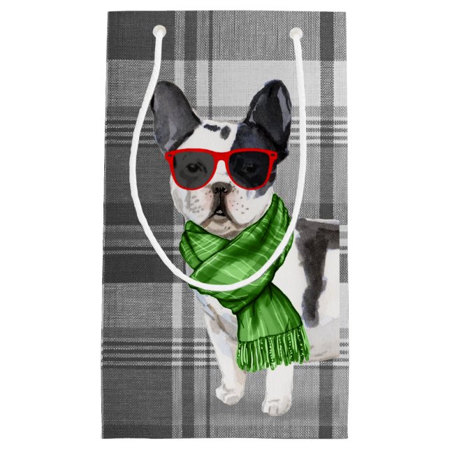 Plaid with a Cute Boston Terrier Christmas Dog Small Gift Bag (Front)